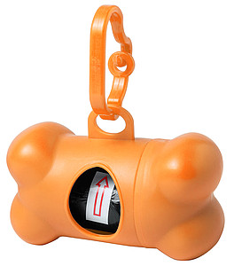 ELIR Plastový zásobník ve tvaru kosti s 15 pytlíky na psí exkrementy s karabinkou, oranžová - reklamní předměty