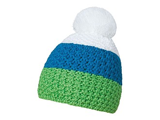HEJDUK Tříbarevná pletená čepice s bambulkou, zelená, modrá bílá - zimní čepice s vlastním potiskem