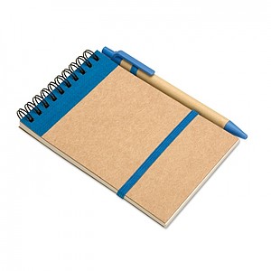 Poznámkový blok a pero z recyklovaného papíru, modrá - reklamní zápisník