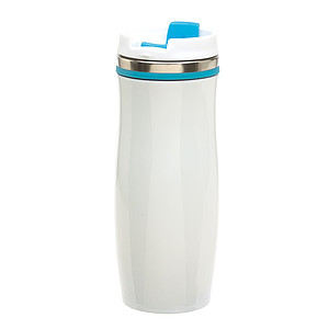GAMA Nerezový cestovní termohrnek, objem 400 ml, bílý se světle modrým pruhem