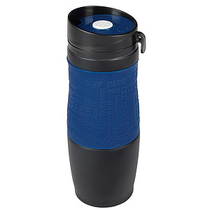 Černý nerezový termohrnek 380ml, s tmavě modrým rukávem