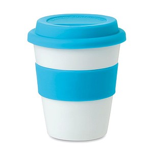Kelímek se silikonovým úchopem a víčkem, 350 ml, tyrkysová - reklamní hrnky