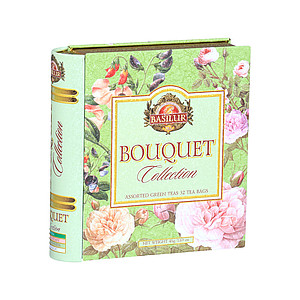 DERTOS -BASILUR Book Assorted 32 Bouquet plech 32x1.5g - dárková kolekce zelených čajů aromatizovaný s ochucujícími částmi rostlin (kousky ovoce), porcovaná