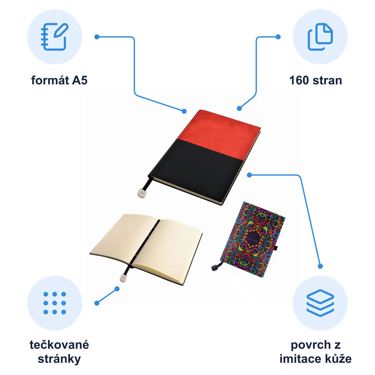 Infografika PIERRE CARDIN REPORTER Poznámkový blok A5, tečkované listy, červená/černá
