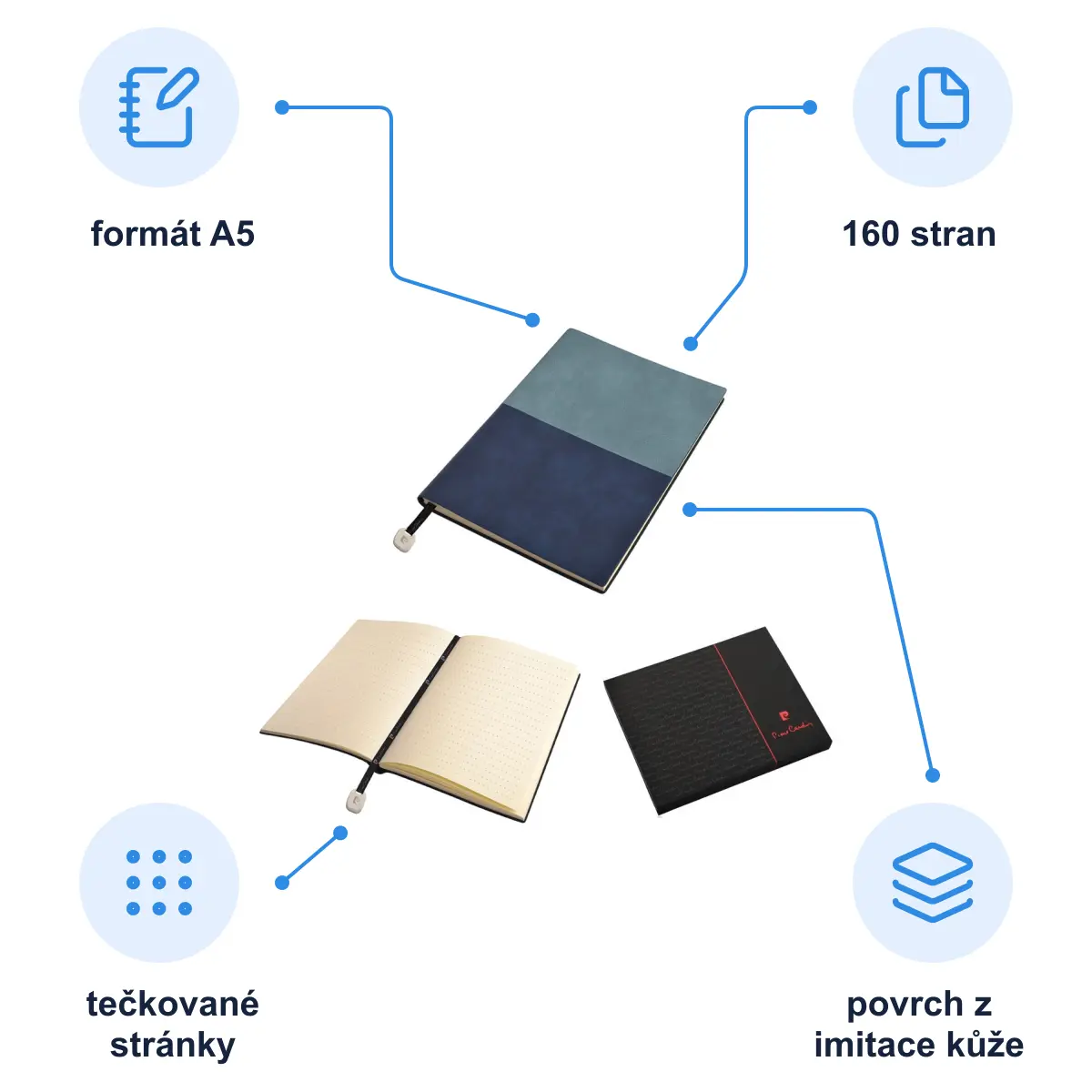 Infografika PIERRE CARDIN REPORTER Poznámkový blok A5, tečkované listy, světle modrá/tmavě modrá