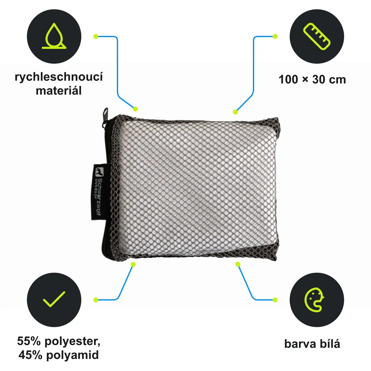 Infografika SCHWARZWOLF LANAO Outdoorový chladicí ručník 30 x 100 cm, bílá