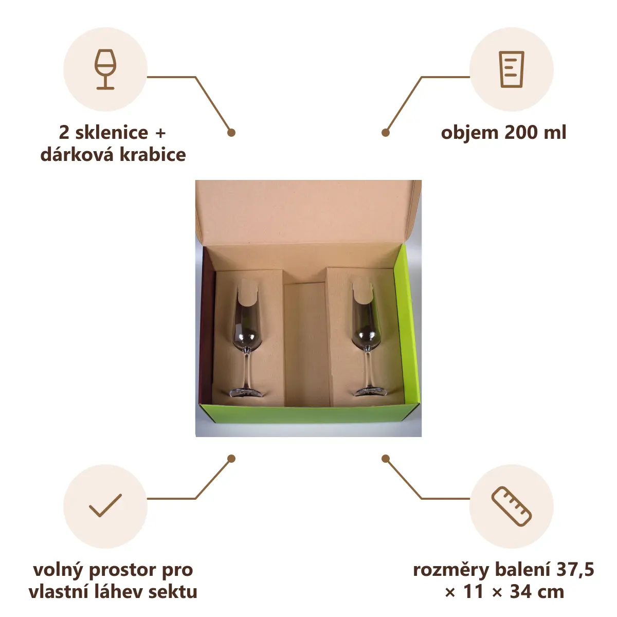 Infografika VS PAPUA Sada na šampus, krabice s prostorem pro láhev + 2 sklenice