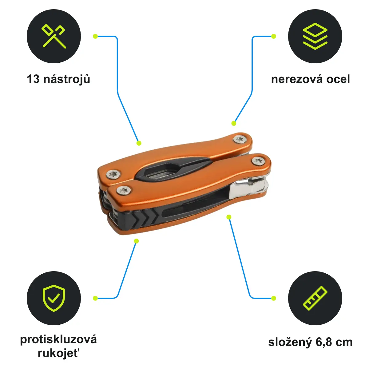 Infografika SCHWARZWOLF PONY NEW Mini multifunkční nářadí, 13 ks, oranžová