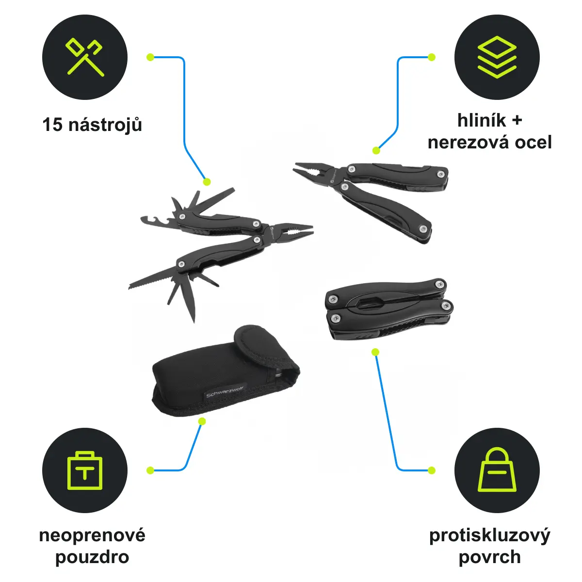 Infografika SCHWARZWOLF ARMADOR BLACK NEW Multifunkční nářadí, 15 ks, černá