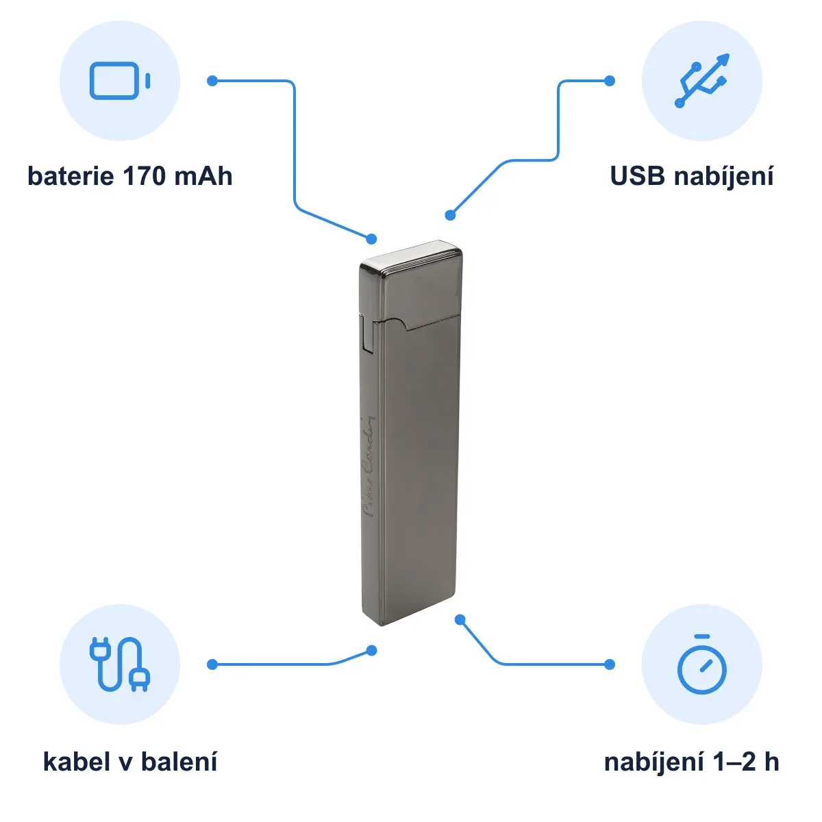 Infografika PIERRE CARDIN SMART Dobíjecí elektrický zapalovač, gunmetal
