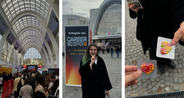 Atmosféra Career Expo v Brně, naše kolegyně před výstavištěm a drobné sladkosti pro návštěvníky