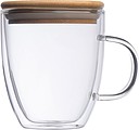 DYLAN Dvoustěnný skleněný hrnek s uchem a bambusovým víčkem, 350ml