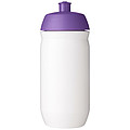 Láhev na pití 500ml, tělo je bílé z pružného plastu, víčko je fialové