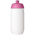Láhev na pití 500ml, tělo je bílé z pružného plastu, víčko je růžové