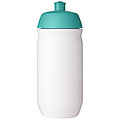 Láhev na pití 500ml, tělo je bílé z pružného plastu, víčko je tyrkysové
