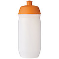 Láhev na pití 500ml, tělo je matně čiré z měkkého plastu, víčko je oranžové