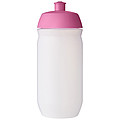 Láhev na pití 500ml, tělo je matně čiré z měkkého plastu, víčko je růžové