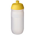 Láhev na pití 500ml, tělo je matně čiré z měkkého plastu, víčko je žluté