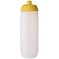Láhev na pití 750ml, tělo je matně čiré z pružného plastu, víčko je žluté