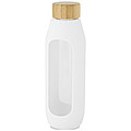 Skleněná láhev, 600ml, s bambusovým víčkem a bílým silikonovým obalem