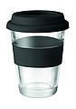 Skleněný hrnek se silikonovým víčkem a kroužkem, 350ml, černá