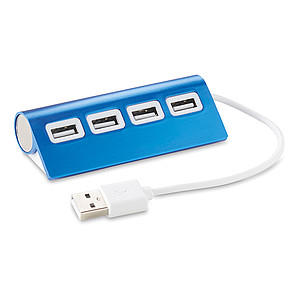 4 portové 2.0 USB z hliníku. Délka kabelu 14.5 cm, modrá - reklamní předměty