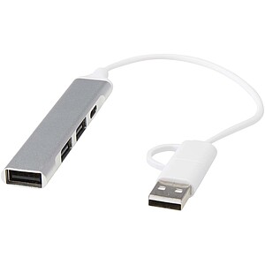 4portový USB-A a Type-C hub z recyklovaného hliníku s duálním vstupem, stříbrný - reklamní předměty