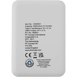 5000mAh powerbanka typu C z recyklovaného plastu, bílá