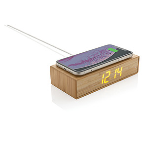 Bambusové digitální hodiny s bezdrátovou nabíječkou 5W, hnědá