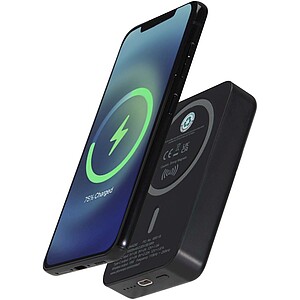 Bezdrátová 15W magnetická powerbanka, 10 000 mAh s 20W PD – vyrobeno z recyklovaného plastu, černá