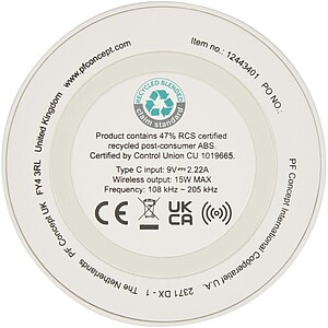 Bezdrátová nabíjecí podložka o výkonu 15 W z recyklovaného plastu, bílá