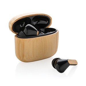 Bezdrátová sluchátka do uší z bambusu a recyklovaného plastu - ekologické reklamní předměty
