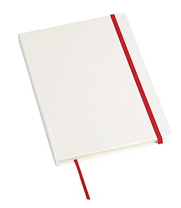 Bílý zápisník A5, 80 linkovaných stran, červená gumička a záložka
