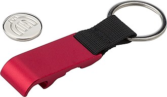 BIRRA Kovový přívěsek na klíče s otvírákem a žetonem do nákupního vozíku, červený