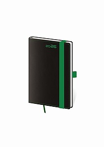 Black Green 2027 diář týdenní A5, černý se zelenou gumičkou