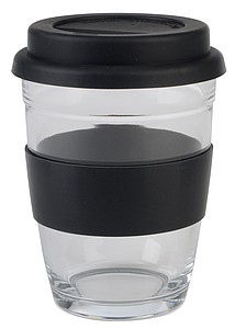 BONKE Skleněný hrnek, 350ml s černým silikonovým rukávem a víčkem s pítkem, černá - ekologické reklamní předměty