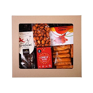 CHILLI Dárková sada - klobáska s chilli, tyčinky s chilli 100 g, oříšky v těstíčku s chilli 100g, chilli omáčka 150 g - reklamní předměty