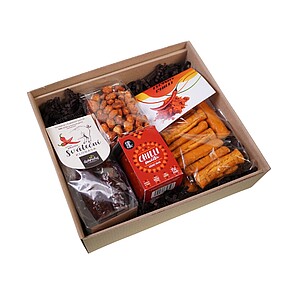 CHILLI Dárková sada - klobáska s chilli, tyčinky s chilli 100 g, oříšky v těstíčku s chilli 100g, chilli omáčka 150 g