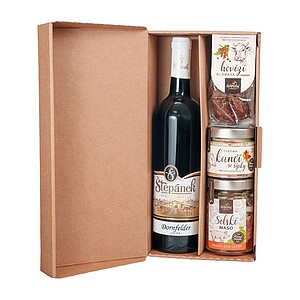 CREUS Dárkové balení (Víno červené Dornfelder 0,75l, Selské maso ve vlastní šťávě, Kančí paštika se šípky, Hovězí klobása s pepřem) - reklamní předměty