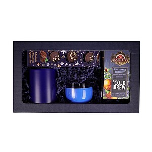 DARELA BLUE Sada obsahující čokoládové pralinky, čaj, svíčku a modrý hrnek, v dárkové krabici - reklamní předměty