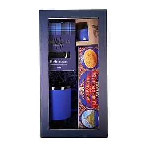 DARELA BLUE Sada obsahující francouzské sušenky, čaj, svíčku a modrý hrnek, v dárkové krabici - reklamní předměty