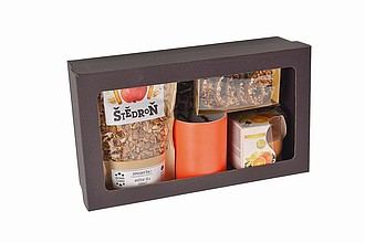 DARELA ORANGE Sada obsahující čokoládové pralinky, čaj, svíčku a oranžový hrnek, v dárkové krabici - reklamní předměty