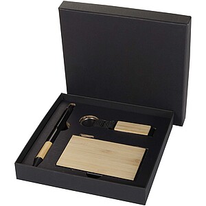 Dárková sada kuličkového pera z recyklovaného hliníku, klíčenky a RFID pouzdra na karty, béžová