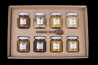 DEGMED Dárková sada degustačních medů 8 x 170 g s dřevěnou lžičkou - reklamní předměty