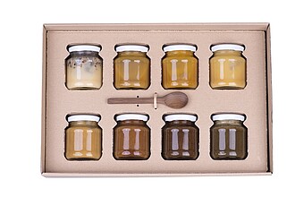 DEGMED Dárková sada degustačních medů 8 x 170 g s dřevěnou lžičkou