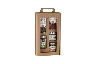 DIPARLO Dárková sada myslivecké klobásy 2ks, vepřové klobásy s parmezánem 2ks, divočáka ve vlastní šťávě 250 g, srnčí paštiky 150g a ořechového mlsání 100 g - reklamní předměty