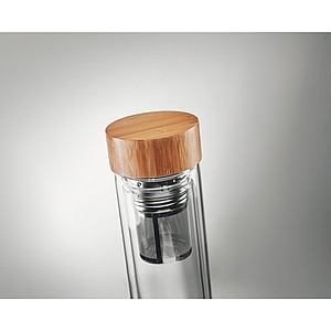 Dvoustěnná láhev z borosilikátového skla s bambusovým víčkem s infuserem na čaj, 420 ml