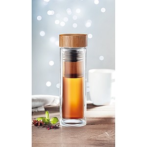 Dvoustěnná láhev z borosilikátového skla s bambusovým víčkem s infuserem na čaj, 420 ml