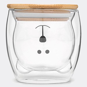 Dvoustěnný skleněný hrnek s bambusovým víčkem, vnitřní stěna ve tvaru medvídka, 250ml