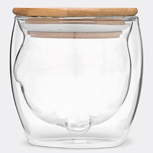 Dvoustěnný skleněný hrnek s bambusovým víčkem, vnitřní stěna ve tvaru medvídka, 250ml